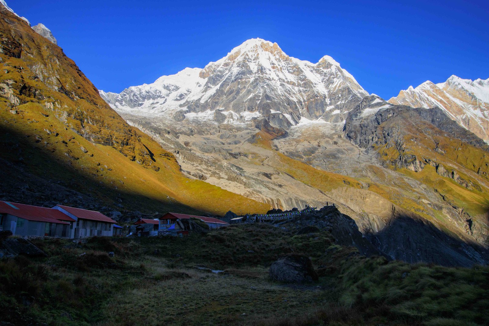 Teahouses at Annapurna Base Camp with Annapurna South behind
