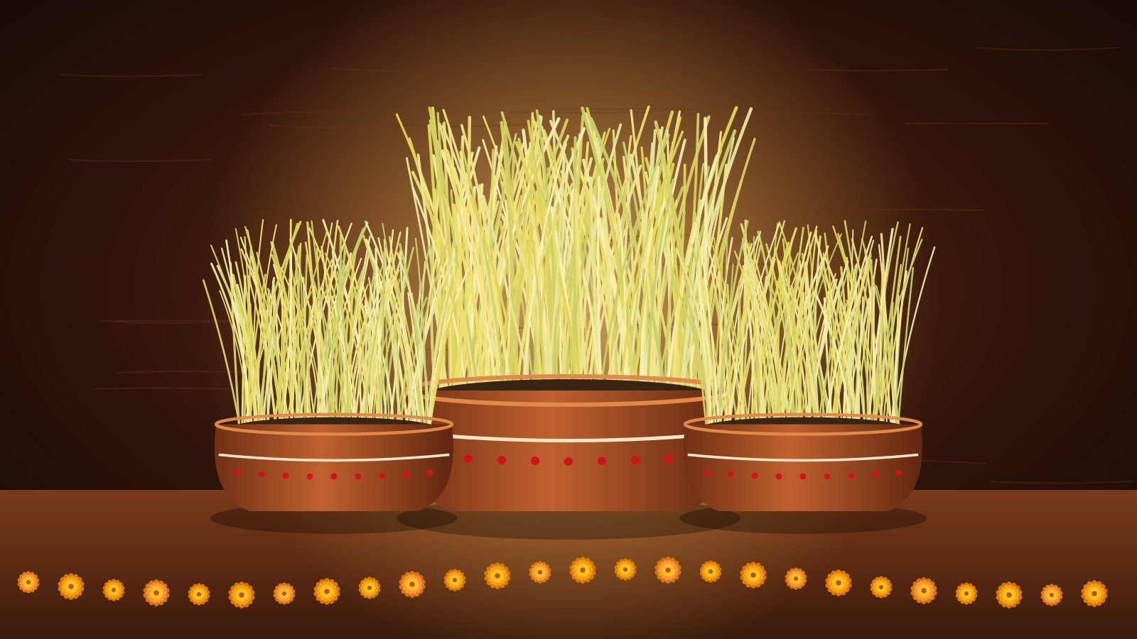 Illustration of pale yellow jamara barley shoots growing in clay pots for Dashain