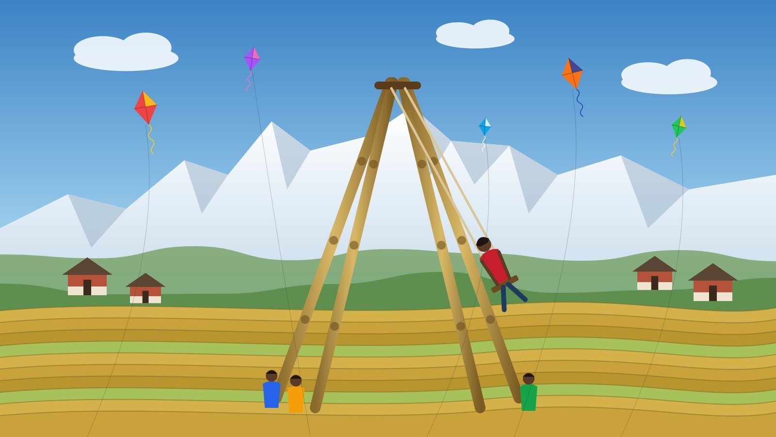 Illustration of a bamboo ping swing above golden rice terraces, with kites in the sky and snow peaks behind