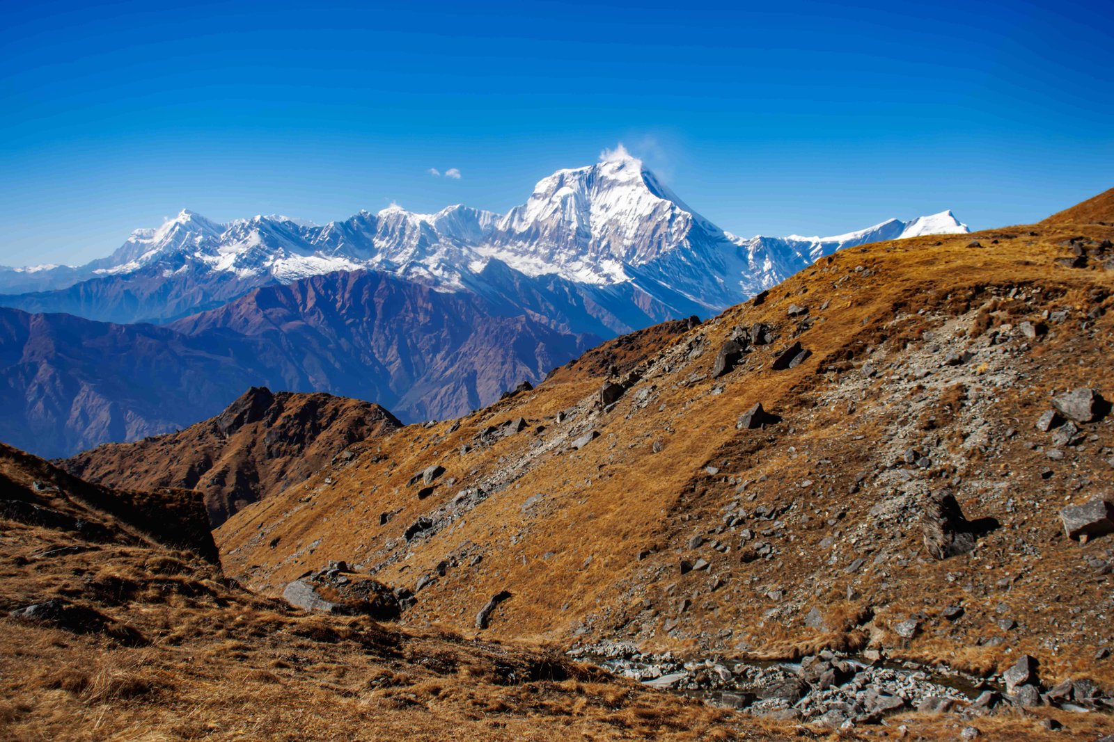 Dhaulagiri seen from Khayer Khola on the trail to Khayer Lake, Nepal